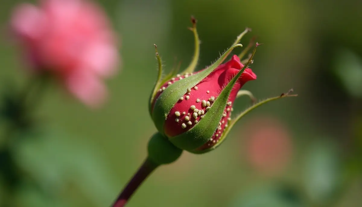 Aphid-covered rose stem in a garden