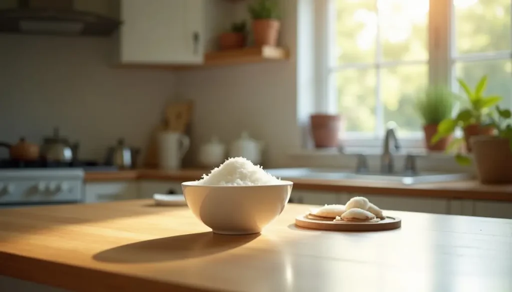 Kitchen counter with a sugar bowl in sunlight