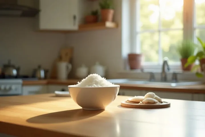 Kitchen counter with a sugar bowl in sunlight