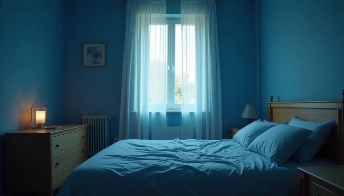Bedroom just before dawn with soft blue light