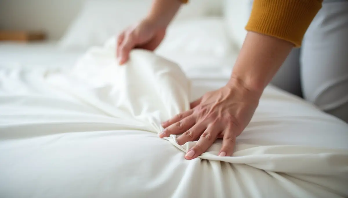 Hand lifting a sheet to show a mattress seam