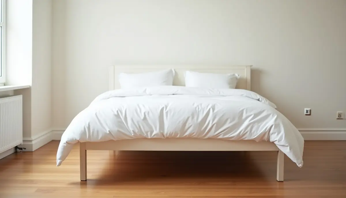 Bed pulled away from the wall with bedding clear of the floor