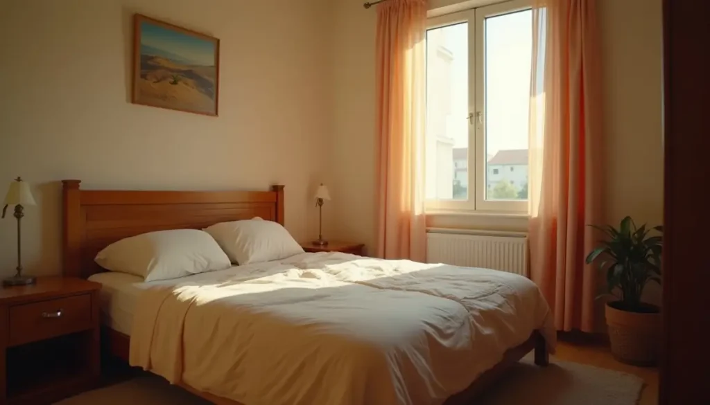 Bedroom at dawn with a made bed