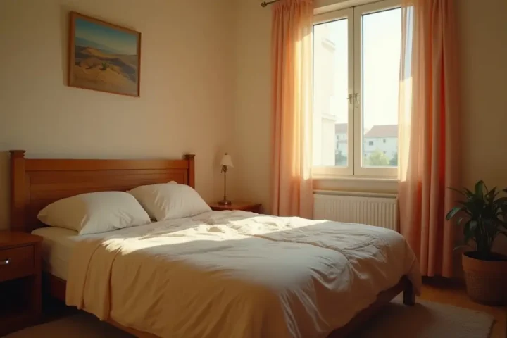 Bedroom at dawn with a made bed