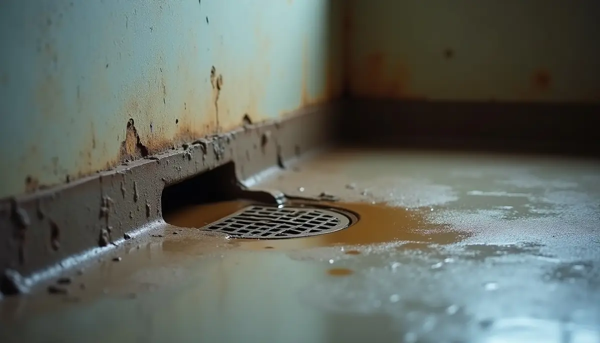 Damp basement corner beside a floor drain