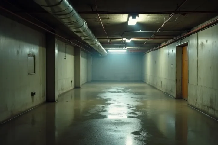Damp basement with a concrete floor