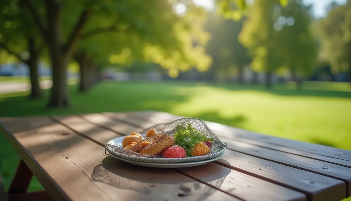 Picnic table with a plate of food under a mesh food cover
