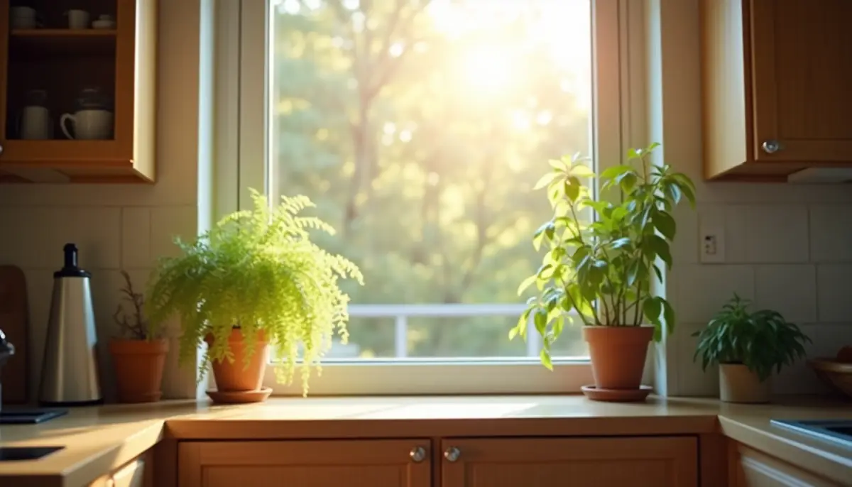 Kitchen window with sunlight and a houseplant