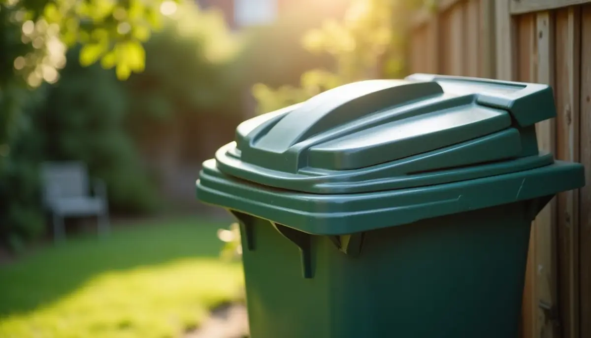 Lidded outdoor rubbish bin in a garden