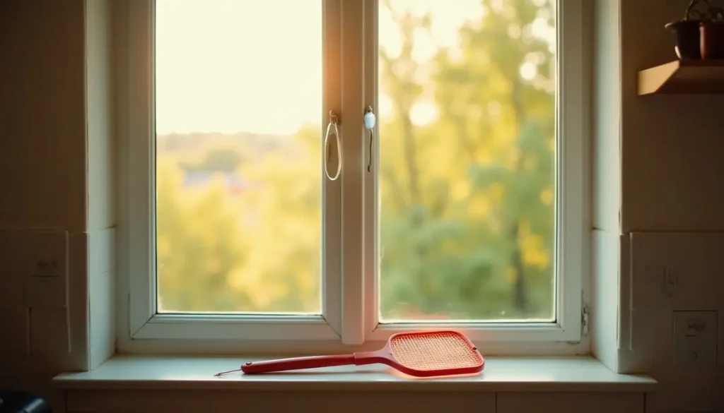 Sunny kitchen window with a fly swatter on the sill