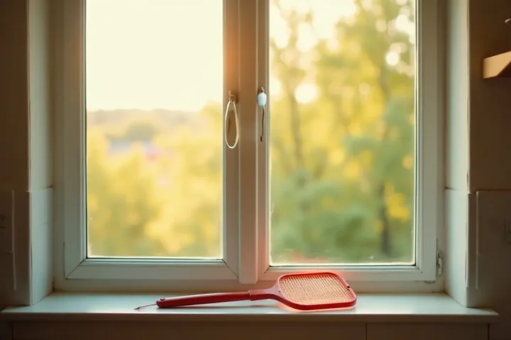 Sunny kitchen window with a fly swatter on the sill