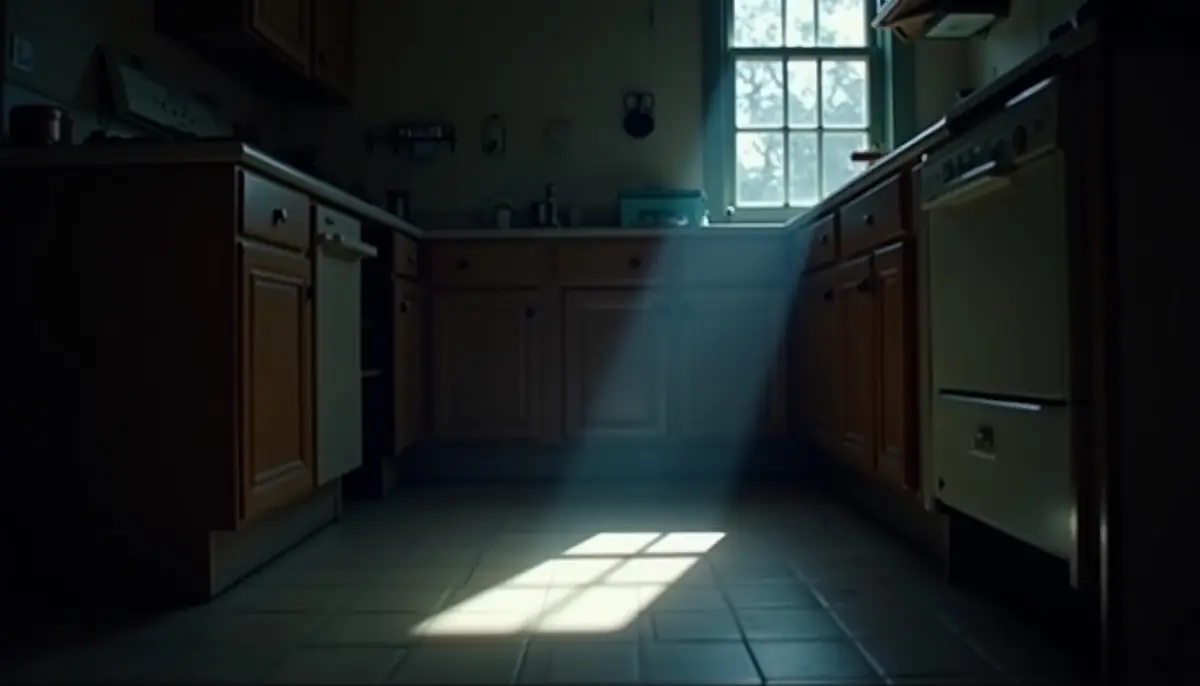 Dark kitchen with a flashlight beam on the floor
