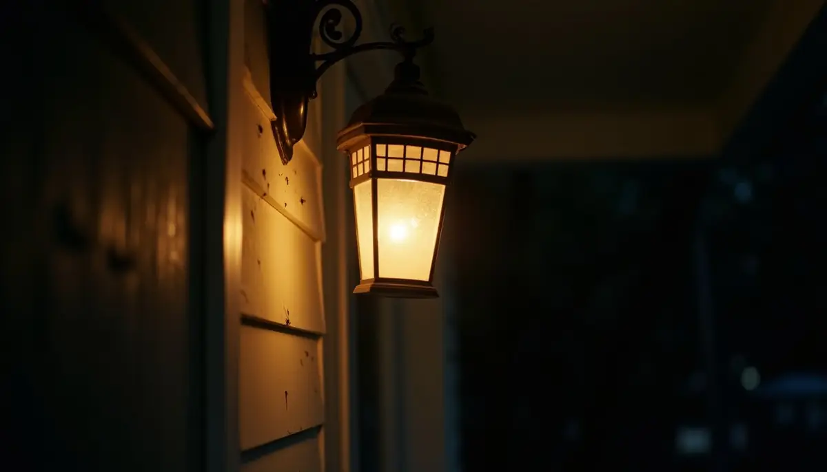 Porch light glowing at night with insects