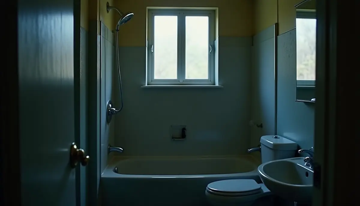 Bathroom at night with the light off and a window open