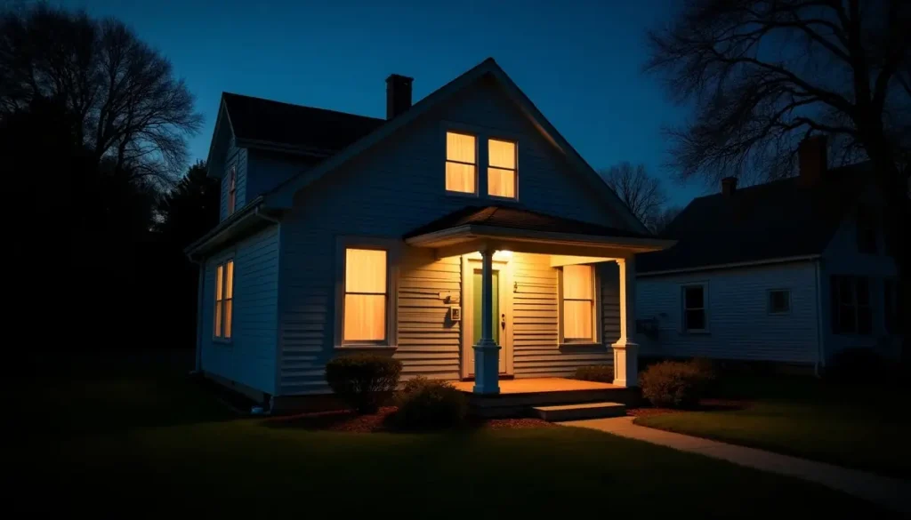 House at night with lit windows and a porch light