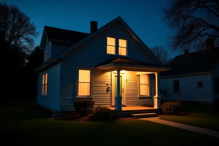 House at night with lit windows and a porch light