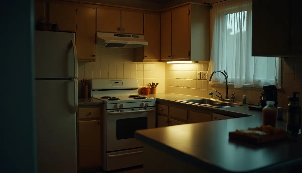Kitchen at night with the light on