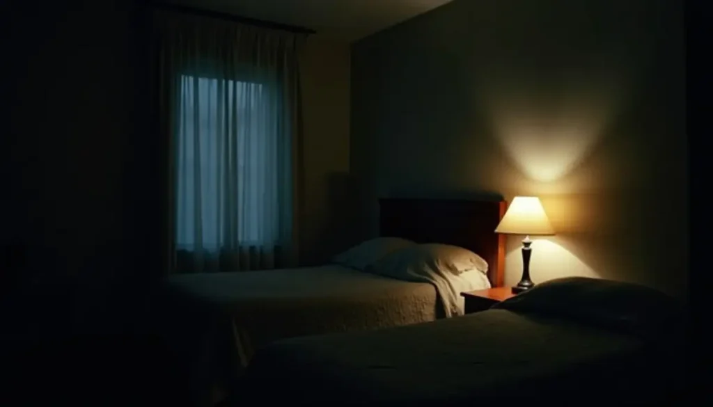 Dark bedroom at night with a lamp
