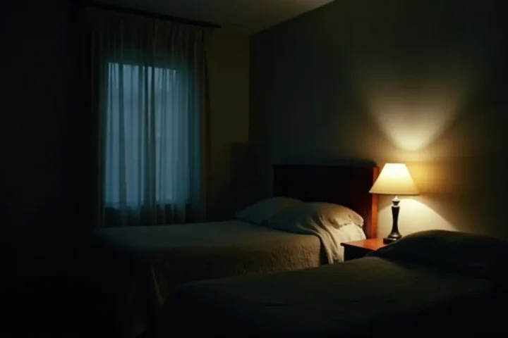 Dark bedroom at night with a lamp
