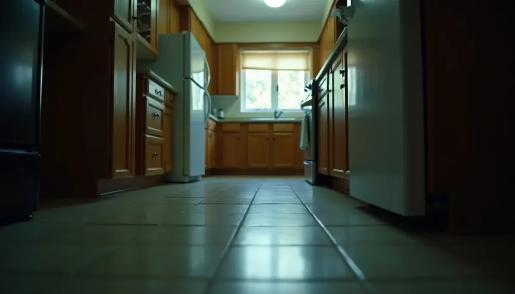 Kitchen floor at night under a single light