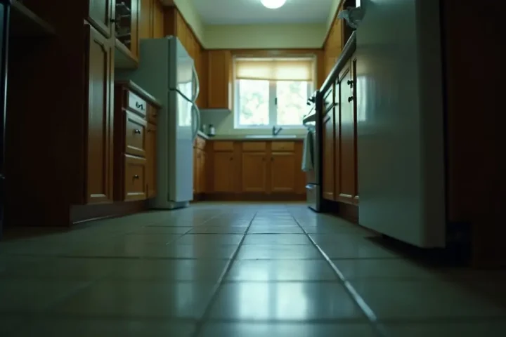 Kitchen floor at night under a single light