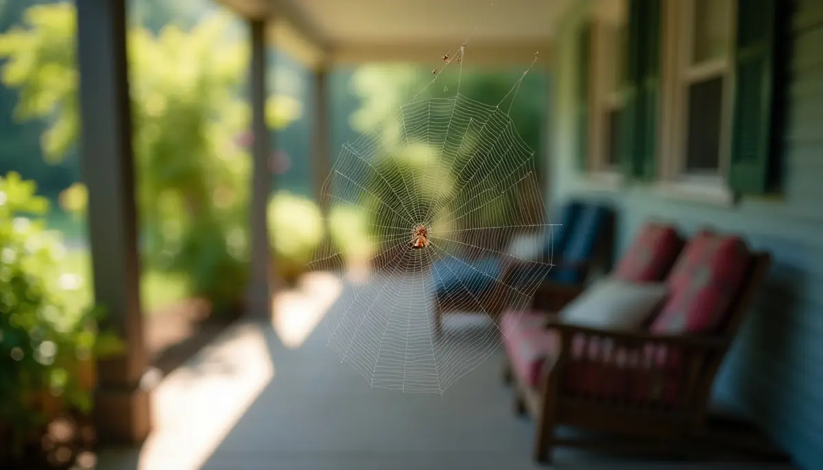 Spider web with insects caught in it on a porch