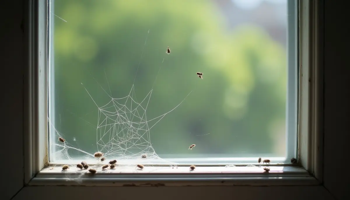 Window corner with a cobweb and dead flies