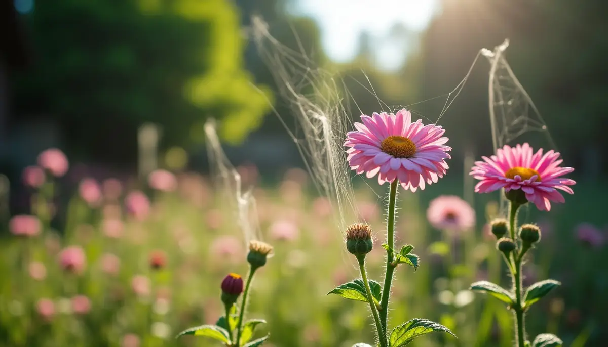 Garden with tall flowers and webs