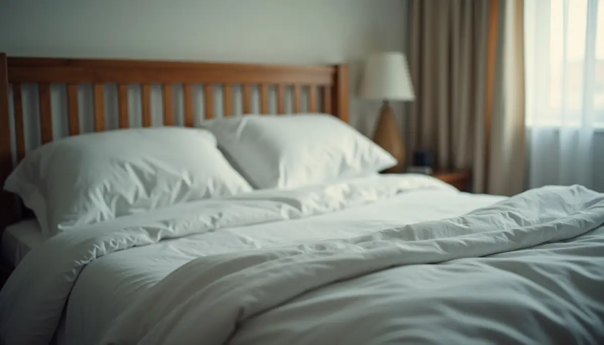 Bed made with white sheets in a dim bedroom
