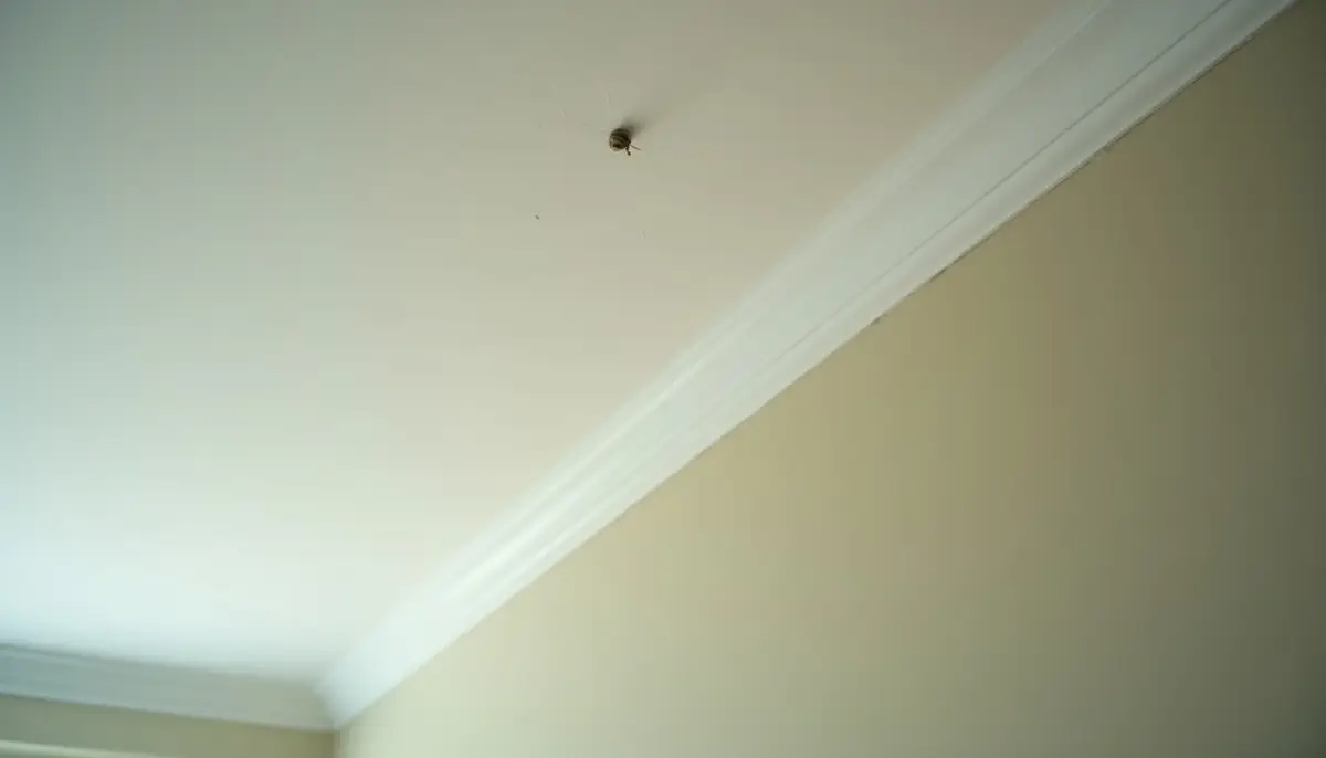 Corner of a bedroom ceiling with a small cobweb