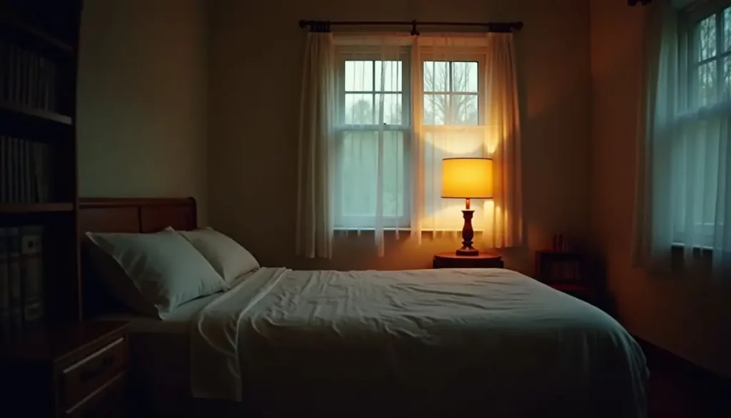 Bedroom at night with soft lamp light
