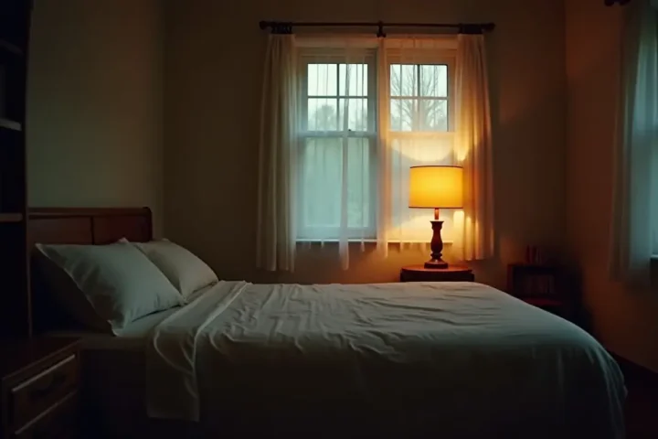 Bedroom at night with soft lamp light