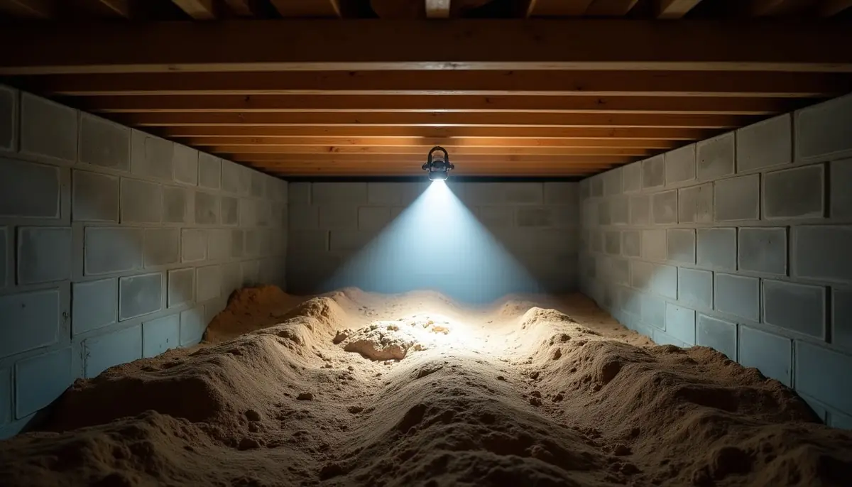 Crawlspace foundation walls lit by a work light