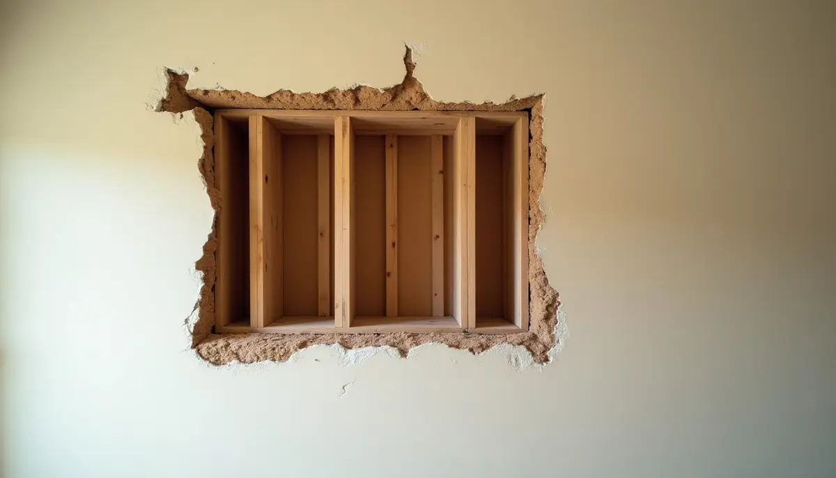 Opened wall cavity showing damaged wooden studs