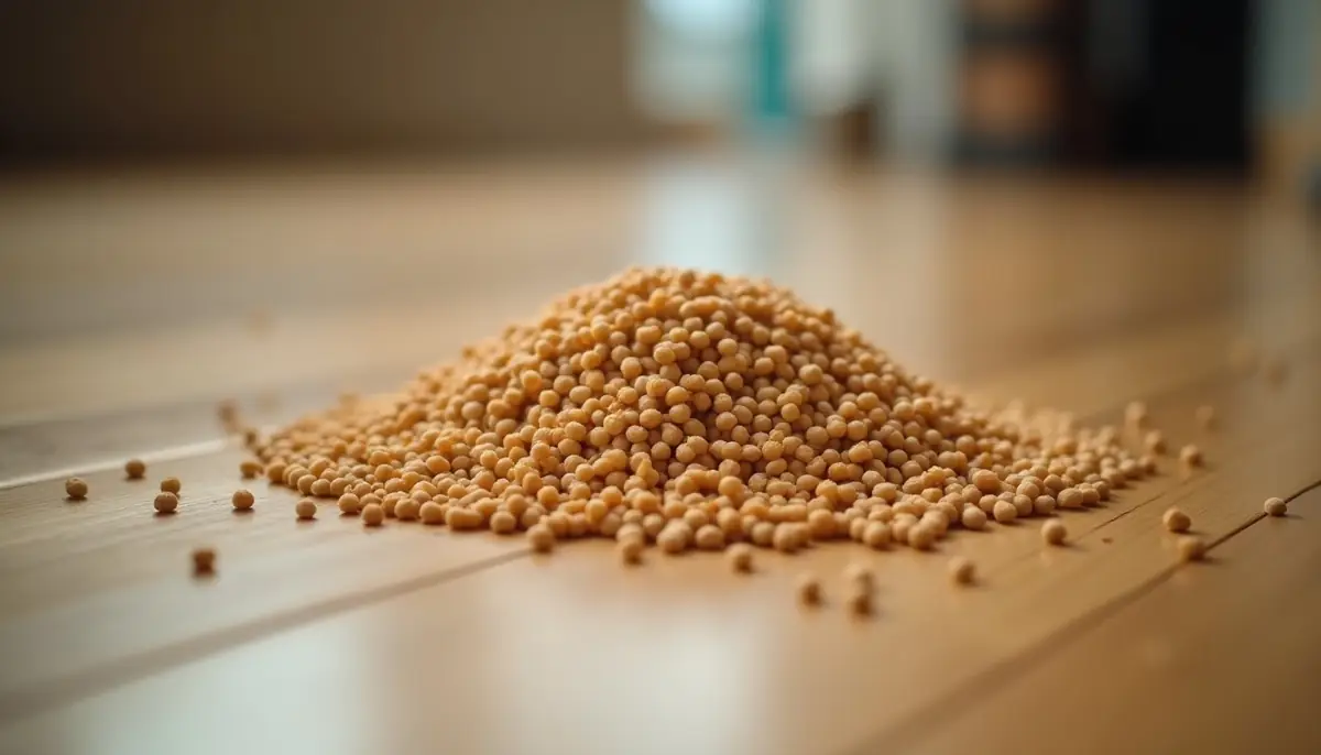 Small pile of tan pellets on a wooden floor