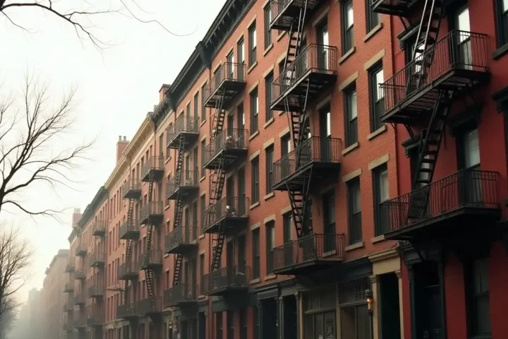 Row of older brick apartment buildings with fire escapes on a New York residential street