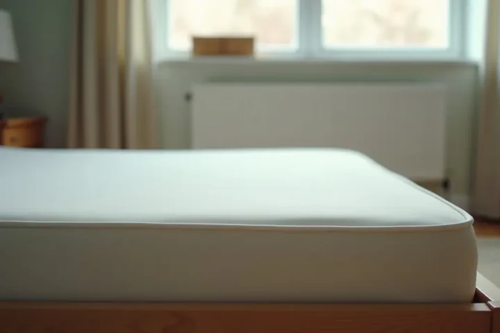 Bare mattress on a wooden bed frame in a plainly furnished bedroom in daylight