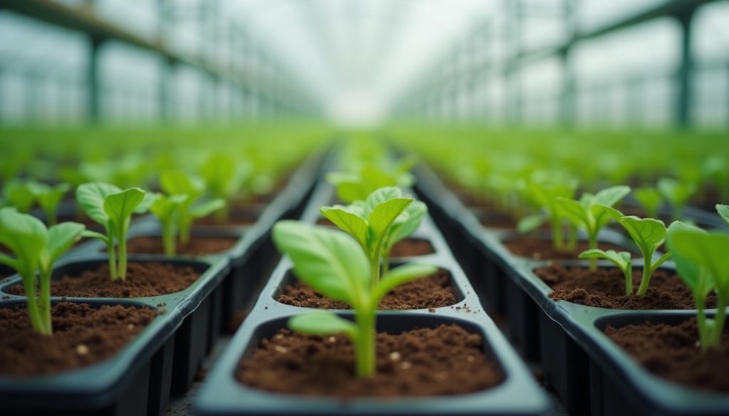 Rows of seedling trays in a bright research greenhouse