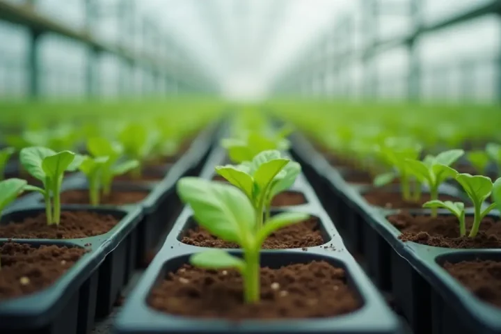 Rows of seedling trays in a bright research greenhouse