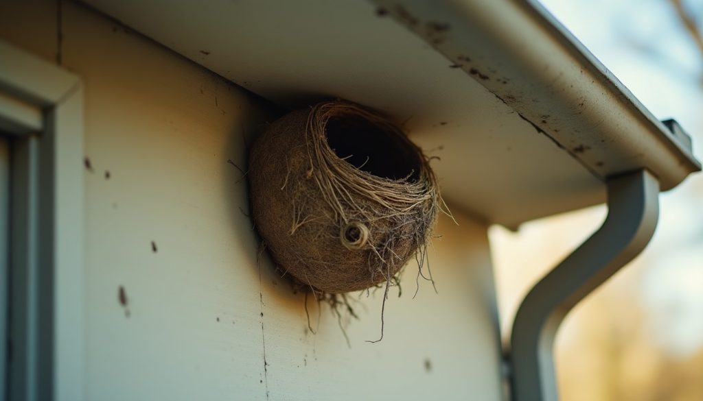 Empty bird nest tucked into the soffit and eave of a house exterior seen from below