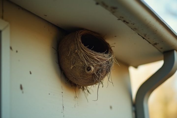 Empty bird nest tucked into the soffit and eave of a house exterior seen from below