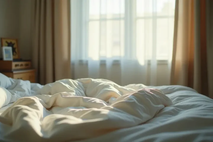 Unmade bed with rumpled white sheets in morning light with curtains half drawn