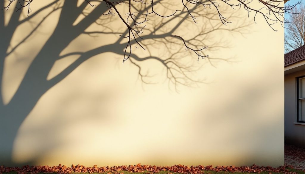 Sunlit pale stucco wall on the south side of a house in autumn with bare branch shadows