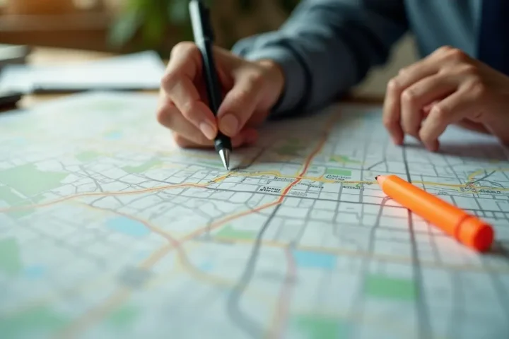 Hands tracing a route on a large paper street map with a pen and highlighter during route diligence
