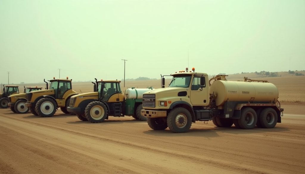 Agricultural equipment yard with parked sprayers and bare soil fields beyond in dry California light
