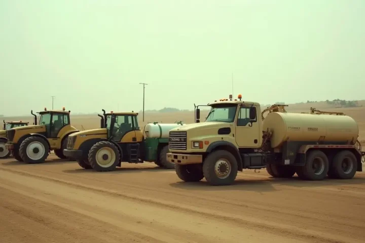 Agricultural equipment yard with parked sprayers and bare soil fields beyond in dry California light