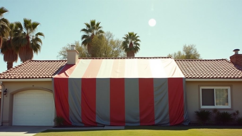 Suburban California street with one single storey house under a plain fumigation tent