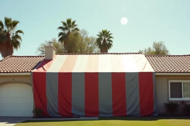 Suburban California street with one single storey house under a plain fumigation tent