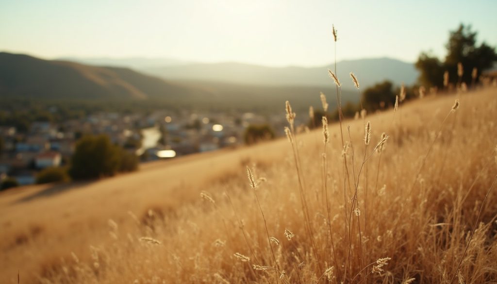 Dry hillside of golden grass at the edge of a California housing development in late afternoon light
