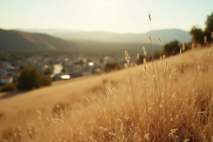 Dry hillside of golden grass at the edge of a California housing development in late afternoon light